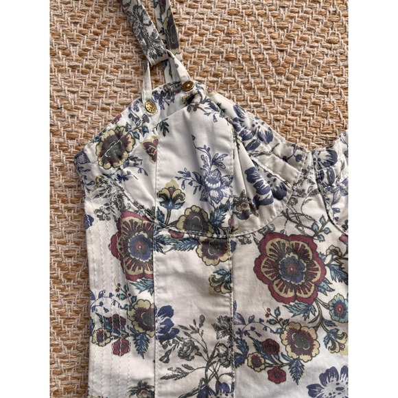 Guess Floral Denim Corset Dress Womens Size 1 White Lace Up Bodycon Mini - Picture 3 of 14